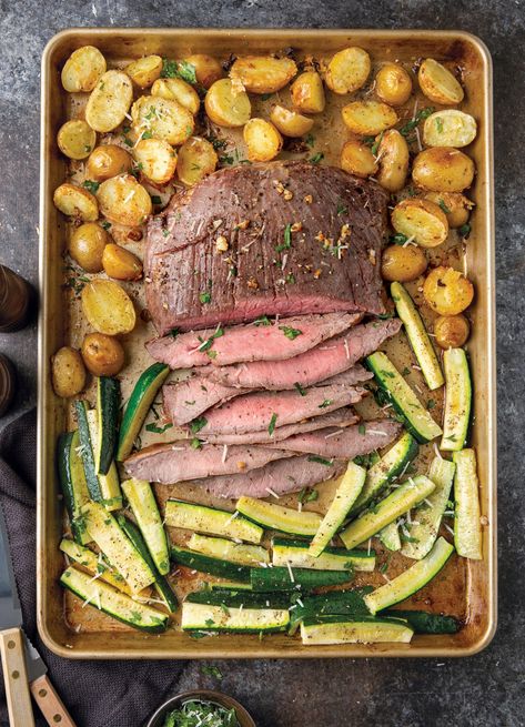 This Sheet-Pan Flank Steak proves that a steak supper can be both impressive and simple. Sheet Pan Flank Steak, Beef Flank Steak, Yellow Potatoes, Gluten Free Cheese, Flank Steak, Sheet Pan Dinners, Sheet Pan Recipes, Cooking Dinner, Sheet Pan