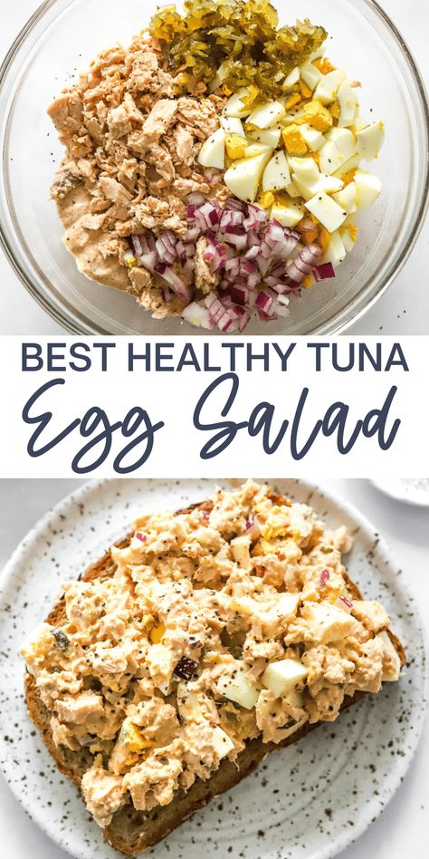 This healthy Tuna Egg Salad has quickly become my favorite choice for a high-protein lunch or snack since it is so satisfying and nutritious. It's a wonderful blend of tuna and egg salad, tossed in a creamy, flavorful dressing that's enriched with pickle relish and crisp red onion. It's perfect for those following Paleo, low-carb, gluten-free, dairy-free, or Whole30 diets. Tuna And Egg Salad Sandwich, Tuna Healthy Salad, Cold Tuna Lunch Ideas, Healthy Tuna Egg Salad, Tuna Egg Salad Recipe Healthy, Clean Tuna Salad Recipe, Healthy Tuna Recipes Clean Eating, Healthy Tuna Breakfast, Tuna Snacks Healthy