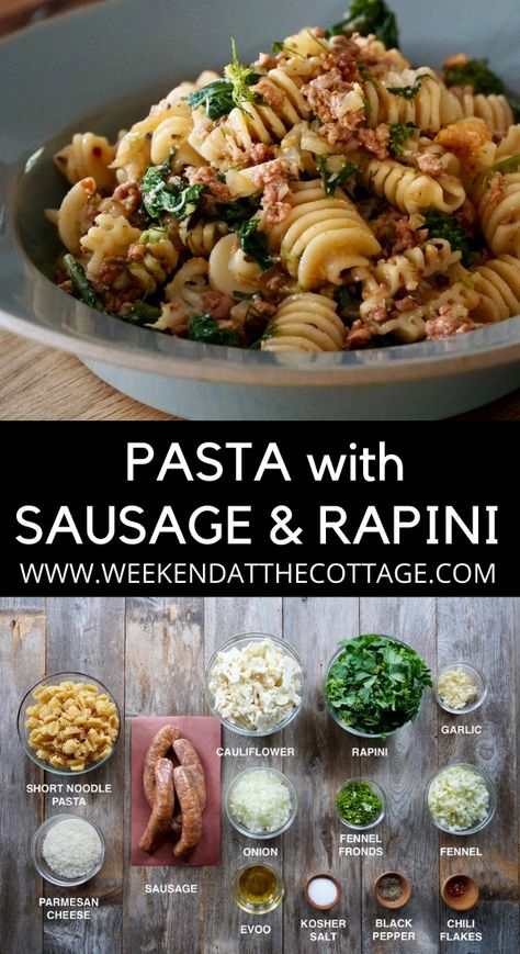 Sausage Cauliflower Pasta, Rapini Sausage Pasta, Sausage And Rapini Pasta, Rapini Recipes Italian, Rapini Pasta Recipe, Rapini Pasta, Rapini Recipes, Sausage Cauliflower, Delicious Entrees