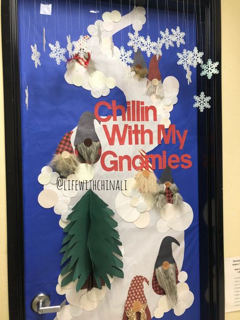 Door I designed and did for my sons classroom.Winter theme with homemade gnomes. Christmas Gnome Village Ideas, Christmas Door Decorations Gnomes, Christmas Gnome Door Decoration School, Winter Classroom Doors Ideas, Gnome Door Decorating Contest, Gnome Christmas Door Decorating Contest, Winter Door Decorating Ideas For School, Gnome Christmas Bulletin Board Ideas, Chillin With My Gnomies Classroom Door