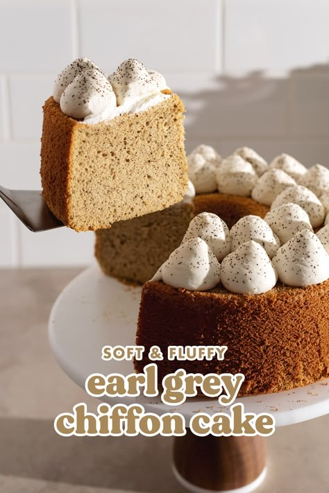 This earl grey chiffon cake is perfectly soft and fluffy. It's infused with strong earl grey flavour with whipped cream on top to complete it! #earlgrey #chiffoncake | teakandthyme.com Earl Grey Chiffon Cake Recipe, Earl Grey Whipped Cream, Earl Grey Chiffon Cake, Chiffon Cake Decoration Ideas, Chiffon Cake Decoration, Fun Cheesecake, Fun Cheesecake Recipes, Earl Grey Cake, Selling Ideas