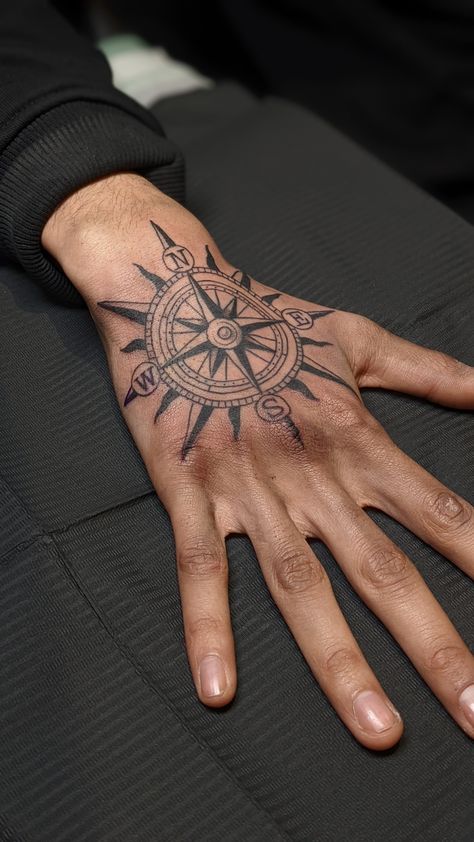 For Hand Tattoo Men, Compass Hand Tattoo Men, Male Hand Tattoos, Boys Hand Tattoo, Unique Hand Tattoos, Geometric Compass, Baseball Tattoos, Hand Ideas, Wrist Tattoos For Guys