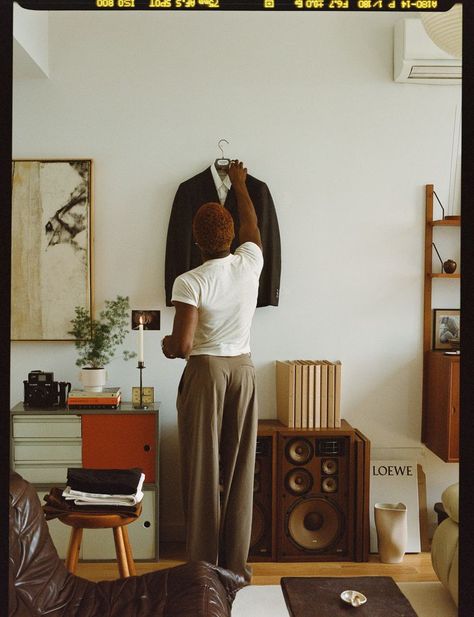 Inside Content Creator Deon Hinton’s Closet - Coveteur: Inside Closets, Fashion, Beauty, Health, and Travel Content Creator Room, Deon Hinton, Record Player Setup, Home Background, Maida Vale, Closet Tour, New York Apartment, Weird Shapes, Raw Denim