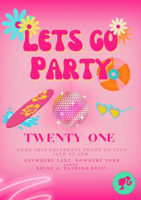 Preppy Invitations Birthday, Preppy Bday Invitations, Preppy Birthday Invitations, Barbie Birthday Party Invitations, Preppy Birthday Party Invitations, Malibu Barbie Party Invitation, Barbie Pool Party Invitations, Disco Barbie Invitation, Barbie Invations