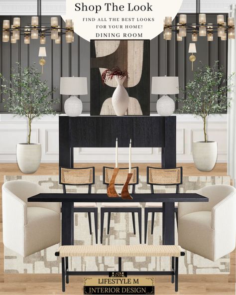 Dining Room Design Black, Dining Room With Black Table, Traditional Modern Dining Room, Cb2 Dining Room, Room Design Black, Taupe Dining Room, Black And White Dining Table, Black Wooden Chairs, Modern Black Wall