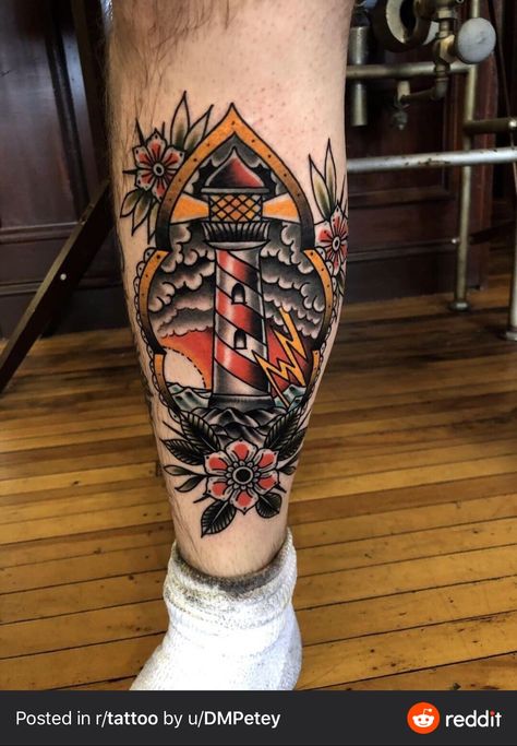 Neo Traditional Lighthouse Tattoo, American Traditional Clouds, Traditional Leg Tattoo Men, Lighthouse Traditional Tattoo, Old School Lighthouse Tattoo, Lighthouse Tattoo Traditional, American Traditional Lighthouse Tattoo, American Traditional Lighthouse, Light House Tattoo