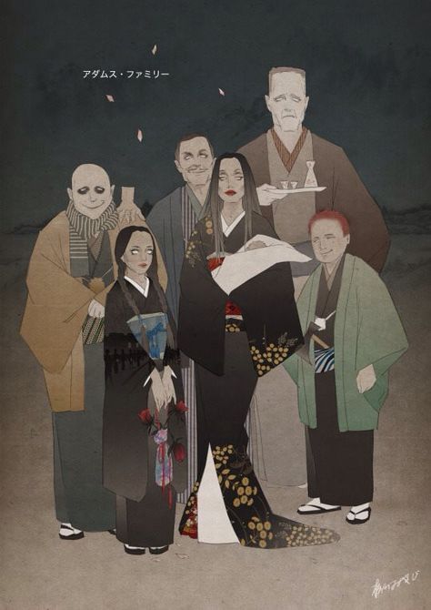 Addams family in kimonos Addams Familie, Francesca Woodman, Addams Family Wednesday, Adams Family, The Addams Family, Art Manga, Takashi Murakami, Comics Art, Family Values