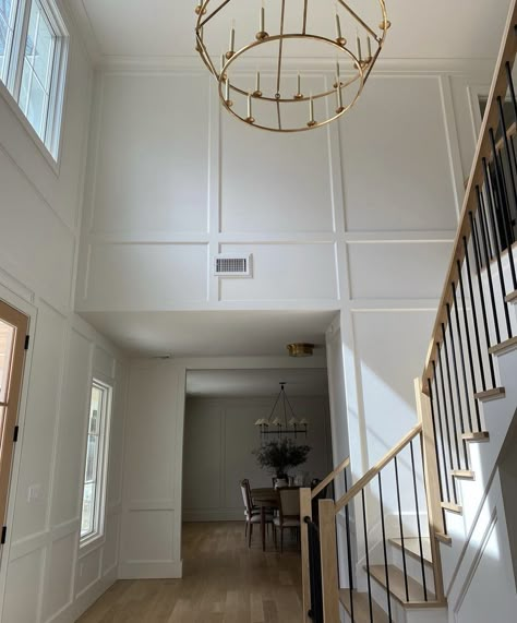 2 Story Entryway Ideas, Wall Enhancements, Two Story Foyer Ideas, Two Story Foyer Ideas Entryway, Chestnut Ideas, Trim Remodel, Georgia Farmhouse, Waynes Coating, Chandelier Staircase