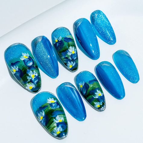 Sun&Beam Nails Handmade Medium Long Almond Blue False Nail Tips with Cute 3D Flower Popular Charm Design Press On Nails 10 Pcs Summer nails, Holiday Nails Nail Medium, Lily Nails, Nails Holiday, Long Almond, Monet Water Lilies, Nail Remover, Green Paintings, Lotus Design, Beautiful Nail Art