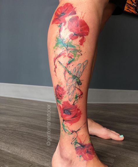 Dragonfly And Poppy Tattoo, Tattoo Dragonfly, Dragonfly Watercolor, Poppy Tattoo, Poppies Tattoo, Dragonfly Tattoo, Living Art, Abstract Tattoo, Great Tattoos