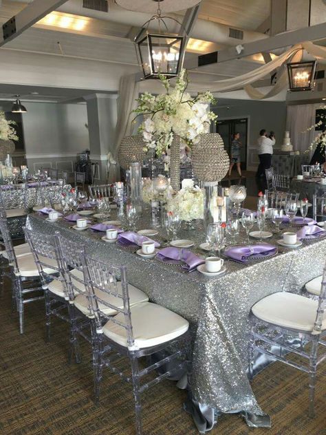 Silver Glitz Lavender Wedding Theme, White Weddings Reception, Silver Theme, Event Table, Lavender Wedding, Reception Venues, Wedding Bells, Wedding Theme, Event Decor