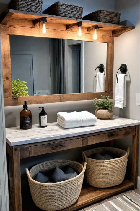 Farmhouse-style bathroom vanity with a distressed paint finish and open shelving Do It Yourself Bathroom Vanity, Open Bathroom Vanity Ideas, Modern Farmhouse Guest Bathroom Ideas, Guest Bathroom Modern Farmhouse, Vanity Outside Of Bathroom, Diy Double Vanity Bathroom, Rustic Double Vanity Bathroom, Farmhouse Vanity Ideas, Diy Wood Bathroom Vanity