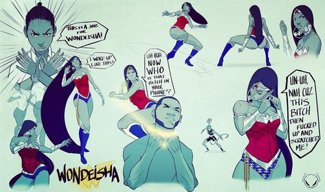 Wondeisha (probably the 2nd most favorite character according to fans), the Wonder Woman parody. I'd say the funniest material I write… Trill League, New Superheroes, Epic Hero, Black Comics, Black Anime Characters, Black Cartoon, Superhero Design, Afro Art, Character Sheet