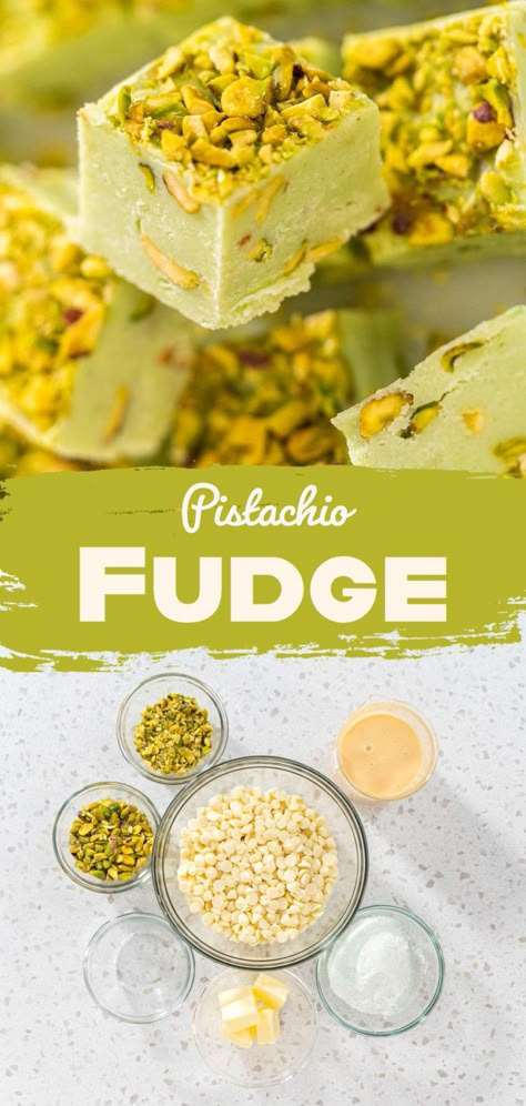 Pistachio Fudge Pistachio Fudge Recipe Easy, Pistachio Fudge Recipe, Pistachio Recipes Desserts, Key Lime Fudge, Cranberry Pistachio Fudge, Pistachio Fudge, Classic Chocolate Fudge, Eggnog Fudge, Pistachio Dessert