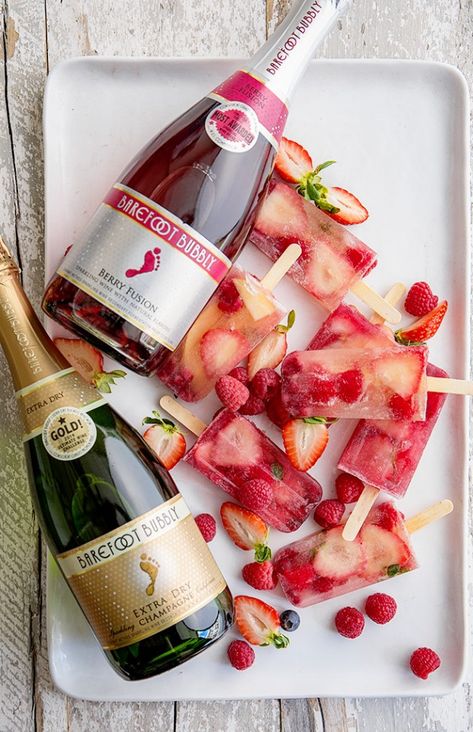 Champagne Popsicles Champagne Popsicles, Alcoholic Popsicles, Popsicle Cocktail, Boozy Popsicles, Summer Popsicles, Boozy Desserts, Champagne Pop, Popsicle Recipes, Variety Of Fruits