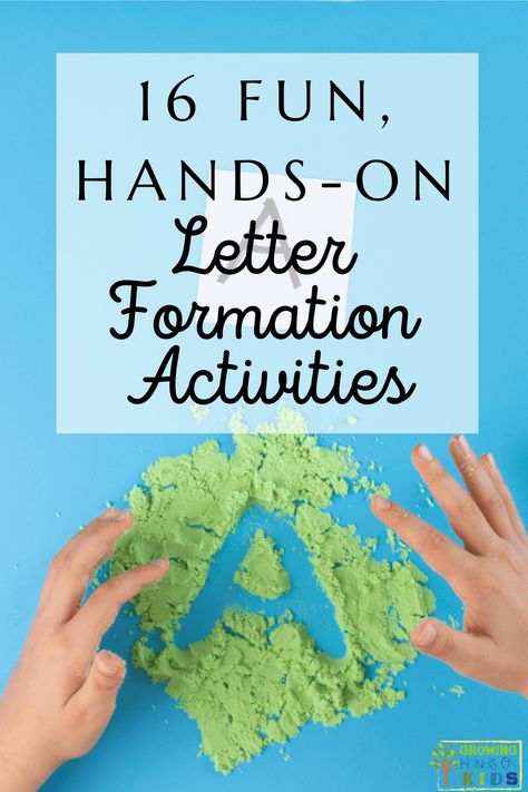 A child using fingers to make the capital letter A in green sand on a blue table. The letter A is on a white paper square at the top. White text overlay with black text at the top says "16 Fun, Hands-On Letter Formation Activities." Letter Formation Activities, Sand Writing, Handwriting Activities, Write Letters, Sensory Activities Toddlers, Pediatric Therapy, Gross Motor Activities, Movement Activities, Teaching Letters