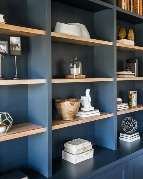 A blue bookcase with natural wood shelves😍 #shelfiegoals . . . . . . . #shelfie #shelfstyling #farmhouse #coastalhomes #homesofinstagram… Shelves Fireplace, Blue Bookcase, Fireplace Bookshelves, Fireplace Wood, Farmhouse Style Living Room, Ikea Bookshelves, Wood Bookshelves, Home Library Design, 카페 인테리어 디자인