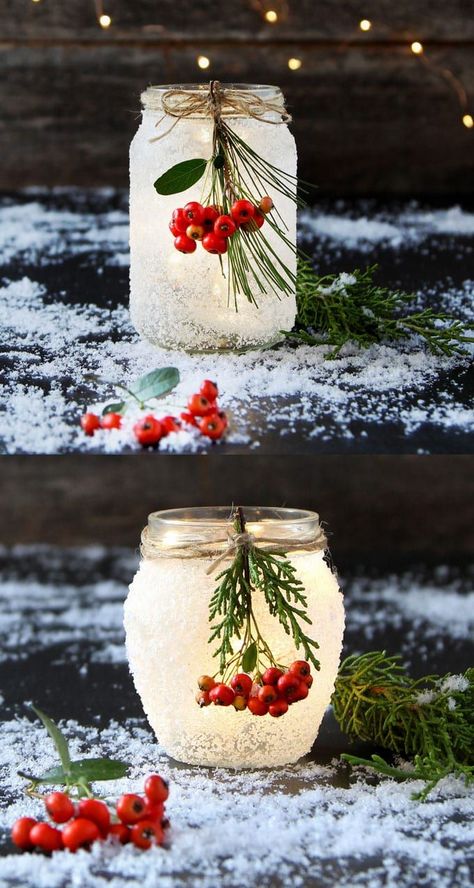 Magical 5 minute DIY snow frosted mason jar decorations: FREE beautiful Thanksgiving & Christmas decor, gifts, winter wedding centerpieces, & great crafts! - A Piece of Rainbow  #masonjars #masonjarcrafts #recycle #diy #homedecor #homedecorideas #vintage #vintagewedding #weddingdecor #weddingdecorations #snow #bohemiandecor #farmhouse #farmhousedecor #holiday #diy #christmas #christmasdecor #christmasideas #thanksgiving Joululahjat Diy, Jar Decorations, Frosted Mason Jars, Jul Diy, Bottle Decorations, Winter Wedding Centerpieces, Diy Snow, Rainbow Diy, Diy Jar Crafts