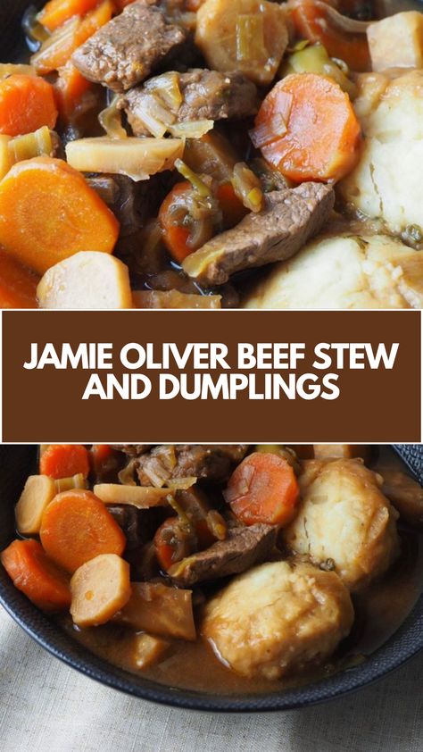 Jamie Oliver’s Beef Stew and Dumplings is a hearty dish made with braising beef, beef stock, carrots, onions, garlic, and herbs this recipe takes 120 minutes to prepare and cook and serves 6 people. Jamie Oliver Beef Stew, Beef Stew And Dumplings, Beef Stew With Dumplings, Stew And Dumplings, Jamie Oliver Recipes, Dumpling Recipe, Braised Beef, Beef Stock, British Food