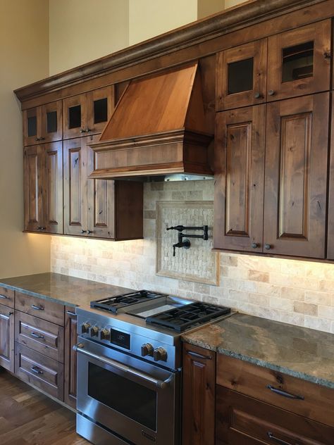 Tennessee Ranch, Rustic Alder Kitchen, Kitchen With Brown Cabinets, Hood Fans, Alder Kitchen Cabinets, Rustic Kitchen Designs, Hickory Kitchen Cabinets, Hickory Kitchen, Stove Hood