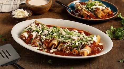 Easy Chicken Flautas Ahogadas - Recipes | Goya Foods Flautas Ahogadas, Easy Chicken Flautas, Mexican Pulled Pork Tacos, Goya Recipe, Tacos For Dinner, Chipotle Peppers In Adobo Sauce, Chicken Flautas, Easy Shredded Chicken, Delicious Tacos