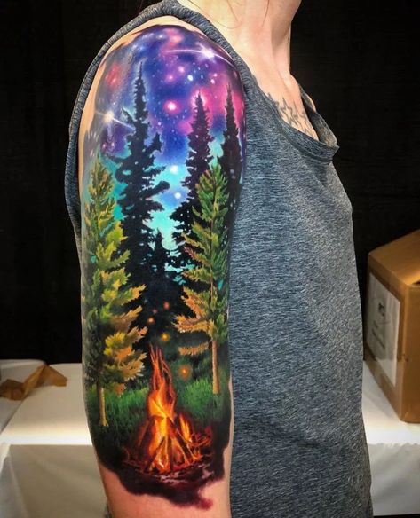 60 Tree Tattoos that will Heal Your Body and Soul in 2023 Arm Tattoos Stars, Forest Tattoo Sleeve, Natur Tattoo Arm, Design Tatuaje, Camping Tattoo, Tree Tattoo Arm, Tatoo 3d, Forest Tattoo, Nature Tattoo Sleeve