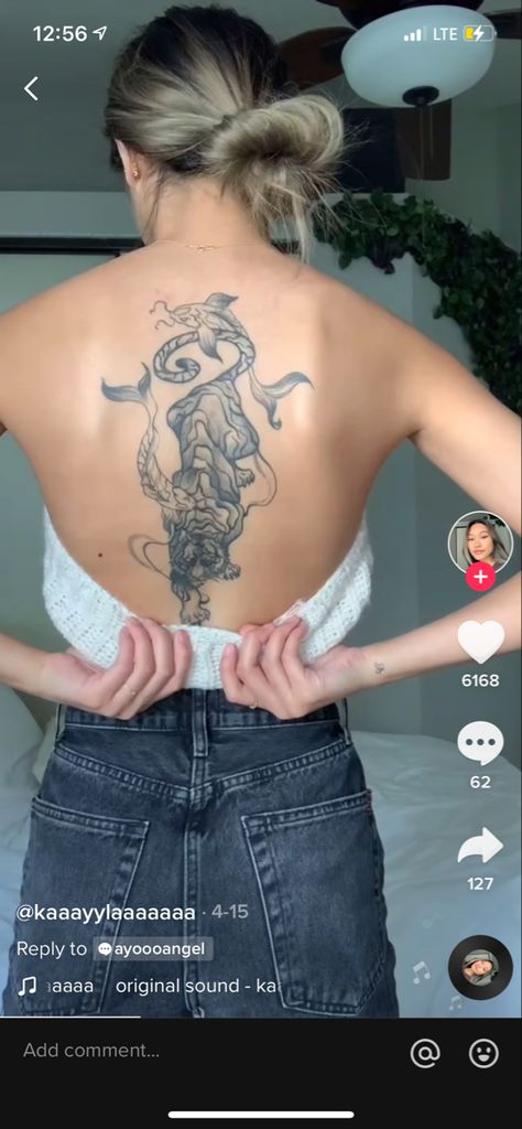 Back tattoo inspo ideas Small Tiger Back Tattoo, Tiger Tattoo Back Woman, Tiger Lower Back Tattoo Women, Tiger Back Tattoo Woman, Tiger Back Piece Tattoo Women, Tiger Back Piece Tattoo, Full Back Tattoo Women, Tiger Back Tattoo, Full Back Tattoo