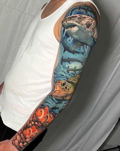 Ocean Hand Tattoo, Beach Theme Tattoos, Sea Tattoo Sleeve, Hawaiian Turtle Tattoos, Scuba Tattoo, Ocean Theme Tattoos, Underwater Tattoo, Ocean Sleeve Tattoos, Ocean Sleeve