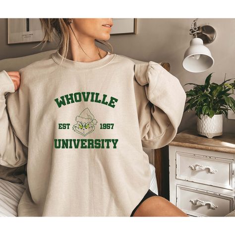 💮GILDAN high quality and super soft, comfortable sweatshirts&hoodies. WHOVILLE University Sweatshirt,Grinch Whoville Christmas Sweatshirt, Grinch Shirt, Grinch Whoville Christmas Shirt,Whoville Shirt,Christmas 📏𝐒𝐈𝐙𝐈𝐍𝐆 𝗔𝗡𝗗 𝐂𝐎𝐋𝐎𝐑𝐒 📚 All sweatshirts&hoodies.are unisex sizing. That means they run slightly larger than typical women's one and slightly smaller than typical men's ones. 👕Unisex Sweatshirts&Hoodies. Sizing Recommendations: 📌For a Slim Fit - Size One Down 📌 Halloweentown University, Whoville Christmas, Jane Austen Gifts, Grinch Shirts, University Shirt, University Sweatshirts, Fitted Style, Boyfriend Style, Halloween Town