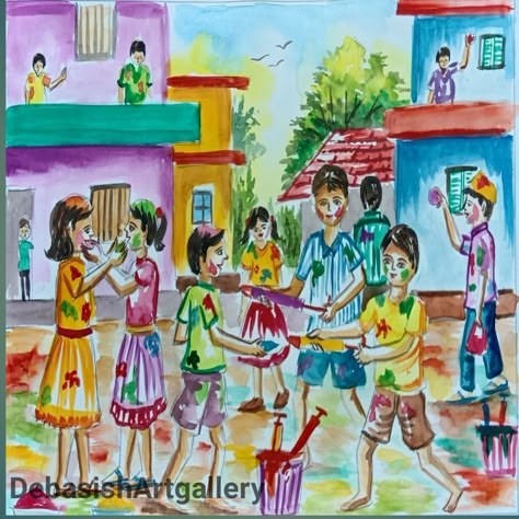 To watch the video go to the link https://youtu.be/6PrGgJt_tqM Favourite Festival Drawing, Holi Festival Memory Drawing, My Favourite Festival Drawing, Festival Composition Painting, Composition Art Paintings, Indian Festival Drawing, Exam Drawing, Holi Painting, Holi Drawing