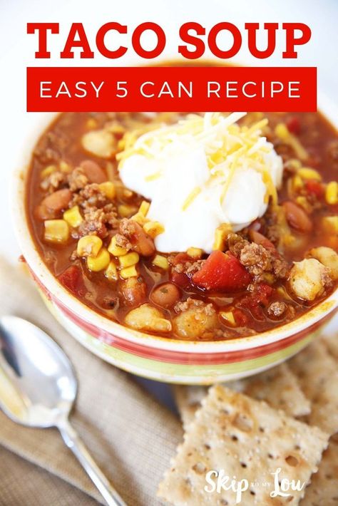 There can't be a more simple and delicious recipe than this easy taco soup. Keep a pound of ground beef in your freezer, five cans in your pantry and two seasoning packets and you can enjoy this hearty soup any time. It literally goes together in minutes and can be cooked in a variety of ways. #soup #recipes Soup With Hominy, Can Taco Soup, Cold Weather Soup Recipes, Slow Cooker Chili Easy, Layered Taco, Taco Soup Recipe Easy, Taco Dip Recipe, Nacho Dip, Easy Taco Soup