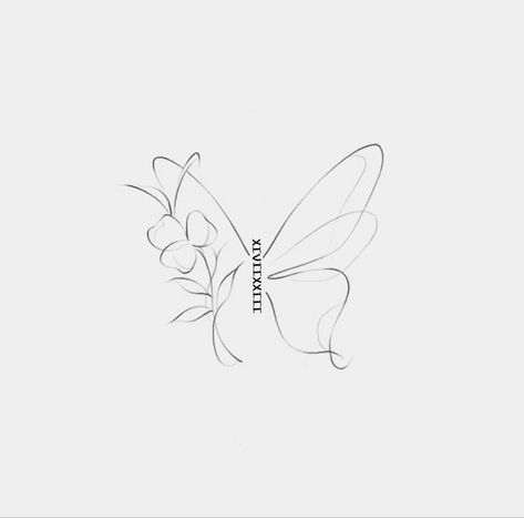 Butterfly With Feather Tattoo, Cursive Butterfly Tattoo, Butterfly Birth Year Tattoo, Aria Tattoo Ideas, Butterfly With Writing Tattoo, Angel And Flowers Tattoo, Fine Line Feather Tattoo Design, Tulip Butterfly Tattoo, Butterfly With Initials Tattoo