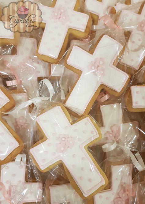 Galletas en forma de cruz para primera comunión First Communion Cookies Girl, 1st Communion Cookies Girl, Cookies Comunion, Cookie Pops, Ice Tray, Pastel, Baby Shower, Shower, Collage