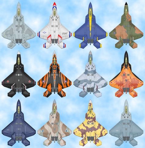 F-22 in different colors. Raptor Paint, Grey Paint Schemes, Cartoon Plane, Airborne Army, Hellenic Air Force, Ace Combat, Cartoon Airplane, F 22 Raptor, F22 Raptor