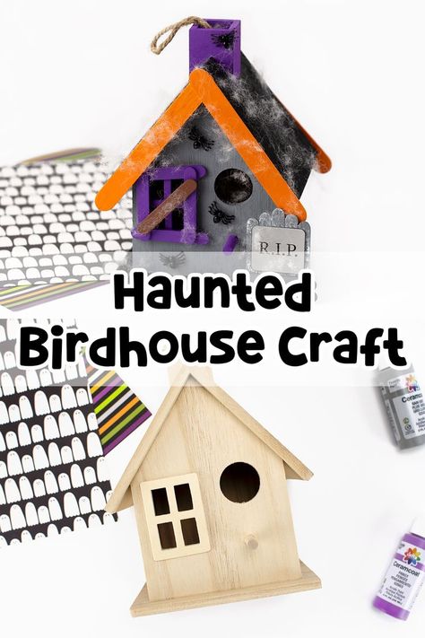 Haunted Birdhouse Diy, Haunted Birdhouse, Halloween Birdhouse, Birdhouse Crafts, Haunted House Craft, Classroom Halloween Party, Decorate For Halloween, Bricolage Halloween, Birdhouse Craft