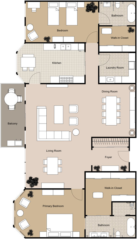 A beige and black 2D floor plan with two bedrooms, two bathrooms, two walk-in closets, a laundry room, a closed-off galley kitchen, a balcony, and a semi-open concept. Luxury Apartment Plan, Luxury Apartment Floor Plan, 2d Floor Plan, Apartment Plan, Senior Apartments, Apartment Floor, Apartment Floor Plan, Apartment Plans, Luxury Apartment