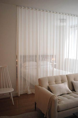 Strongly considering sheer curtains as dividers in the new space - without blocking the light flow.: Studio Divider, Studio Apartment Room Divider, Idea Bilik Tidur, Reka Bentuk Bilik Tidur, Curtains Design, Apartment Studio, Hiasan Bilik Tidur, Trendy Apartment, Room Divider Curtain