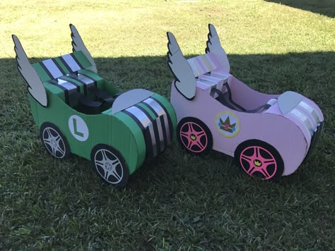 Mario Kart Costumes Diy Yoshi, Mario Cart Out Of Cardboard, Princess Peach Box Car, Princess Peach Cardboard Car, Mario Kart Cardboard Car, Kindy 500 Cars, Kindy 500 Cars Cardboard Boxes, Transportation Parade, Kindy 500