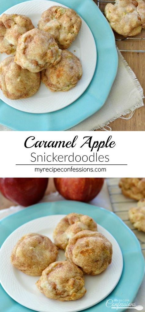 Caramel Apple Snickerdoodles are super soft and chewy. They are packed with apples, caramel, white chocolate, and then rolled in a cinnamon sugar mixture. Not only is this recipe easy; it also makes enough cookies to share with your family and friends. #caramelapplesnickerdoodles #snickerdoodles #cookies #autumn #fall #caramelapples #dessert Caramel Apple Snickerdoodles, Fall Snickerdoodles, Apple Snickerdoodle, Friends Cookies, Snickerdoodles Cookies, Quinoa Risotto, Autumn Cookies, Friends Autumn, Caramel Apple Cookies