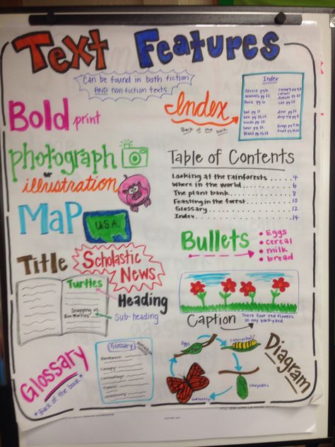 Text features Text And Graphic Features Anchor Chart, Information Poster Ideas, Expository Text Anchor Chart, Nonfiction Text Structure Anchor Chart, Text Features Anchor Chart, Nonfiction Anchor Chart, Text Structure Anchor Chart, Text Feature Anchor Chart, Comparing Texts