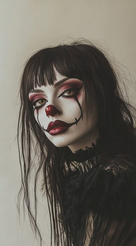 34 Clown Hairstyles: Fun and Frightening Ideas for Your Halloween Costume | LooksNiceOnMe Creepy Clown Halloween Costumes, Fun Halloween Makeup Ideas, Scary Horror Makeup Ideas, Scary Female Clown Makeup, Halloween Inspo Makeup, Halloween Costume Face Paint, Dark Circus Makeup, Woman Clown Makeup, Creepy Ringmaster