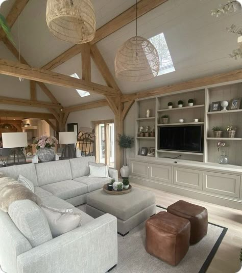 Barn Conversion Interiors, Countryside Farmhouse, Oak Frame House, Barn House Interior, Dream House Aesthetic, Media Units, Open Plan Kitchen Living Room, Country House Interior, Cottage Renovation