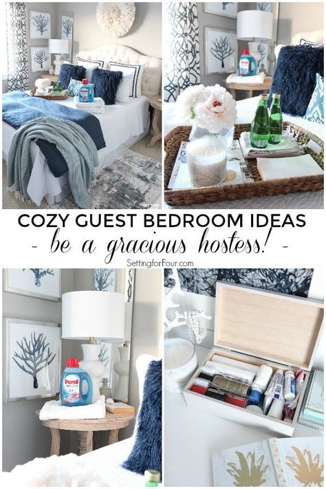 See these cozy guest bedroom ideas to give overnight guests a wonderful experience and make their stay a happy one! Tips to be a gracious hostess.@walmart #ad #bedroom #guest #cozy #hostess #PersilLaundry Guest Bedroom Ideas Amazon, Shoeless House Ideas, Cozy Guest Bedroom Ideas, Ad Bedroom, Cozy Guest Bedroom, Rustic Chic Bedroom, Guest Room Essentials, Chic Bedroom Design, Small Guest Bedroom