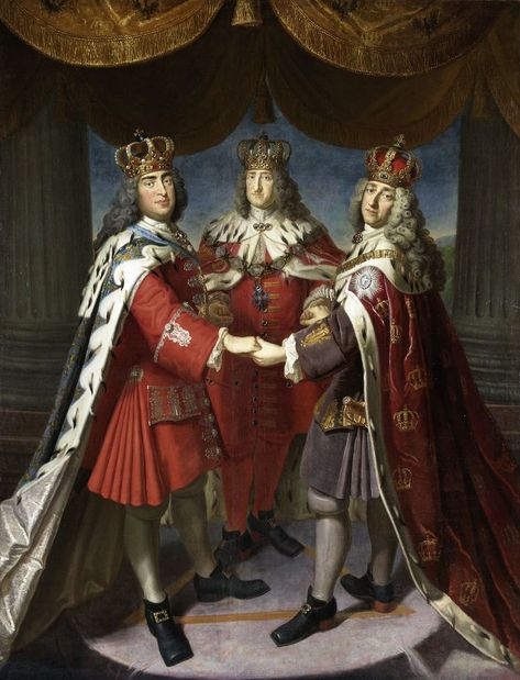 By Theodor Samuel Gericke. Or as I like to call it, the meeting of the three scoundrels. In 1709 in Oranienburg Palace in Potsdam met three European kings to discuss an alliance against the Swedish king Charles XII. From left Augustus II of Poland, Frederick I of Prussia and Frederick IV of Denmark. Note the remarkable similarity of their clothing: obviously all three were keen to dress according to fashion. King Painting, Portrait Paintings, Three Kings, Portrait Wall, Historical Art, Wikimedia Commons, Portrait Painting, Printmaking, Denmark