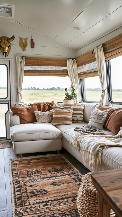 35 Stunning RV Living Room Ideas to Transform Your Space - Remodr Lake Camper Decor, Brown Rv Interior, Rv Interior Decor, Rv Living Room Remodel, Rv Homes Rv Living, Camper Life Rv Living, Western Rv Decor, Trailer Home Interior, Trailer Living Room Ideas