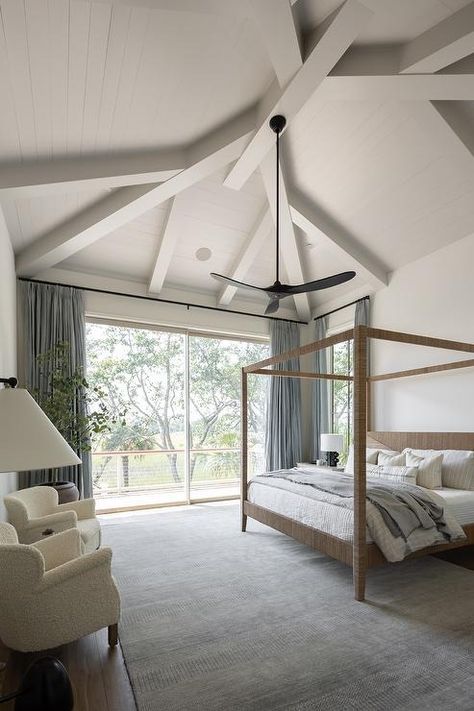 Bedroom Vaulted Plank Ceiling with Black Modern Ceiling Fan - Transitional - Bedroom Black Modern Ceiling Fan, Charleston Interior Design, Plank Ceiling, Transitional Bedroom, Design A Space, Gray Rug, Branding Website Design, Modern Ceiling Fan, Canopy Bed