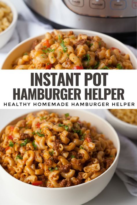 This easy recipe for Homemade Instant Pot Hamburger Helper will be your new favorite weeknight dinner. It’s made all in one pot and much healthier than traditional boxed hamburger helper or cheeseburger macaroni. It can also easily be made gluten free. Make this one pot pasta dinner today! Gluten Free Pasta Crock Pot Recipes, Healthy Hamburger Helper Instant Pot, Gluten Free Recipes For Dinner Instapot, Gluten Free Pasta Instant Pot, Instapot Recipes Gluten Free, Instant Pot Hamburger Helper Recipes, Instapot Hamburger Helper Recipes, Homemade Hamburger Helper Instant Pot, Instant Pot Weeknight Dinners