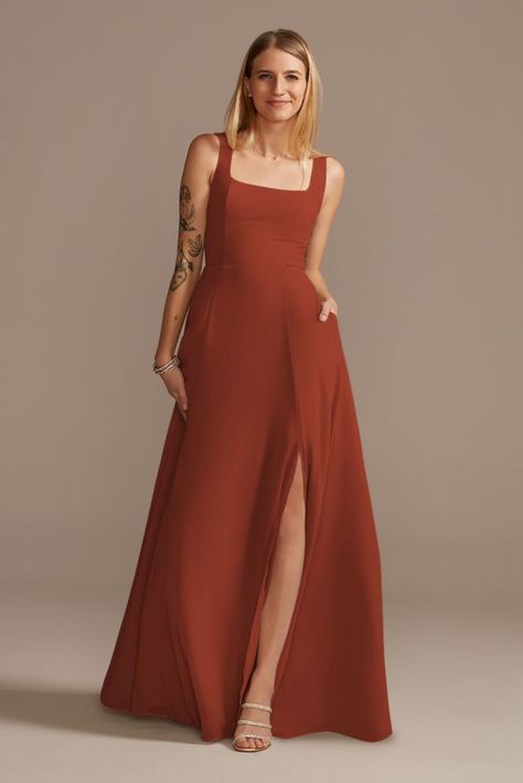 Bridesmaid Dress Terra Cotta, Terrocata Bridesmaid Dress, Square Neckline Bridesmaid Dress, Terra Cotta Dress, Burnt Orange Gown, Terracotta Dress, Gaun Tulle, Burnt Orange Bridesmaid Dresses, Bridesmaid Dresses Gowns