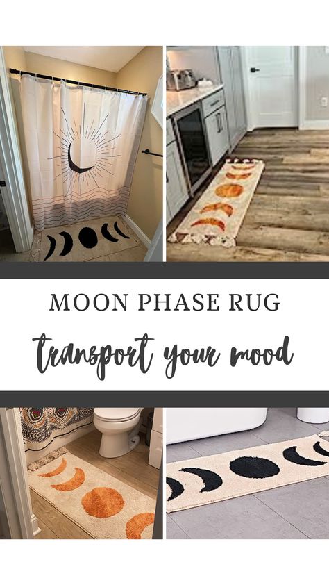 You know you want to add this to your bathroom! Moon Bathroom Decor, Moon Bathroom, Moon Bathroom Theme, Celestial Bathroom, Bathroom Rug Witch, Witchy Shower Curtain, Boho Bathroom Rug, Modern Bohemian Bathroom Mats & Rugs, Rustic Boho Bathroom Bath Mats & Rugs