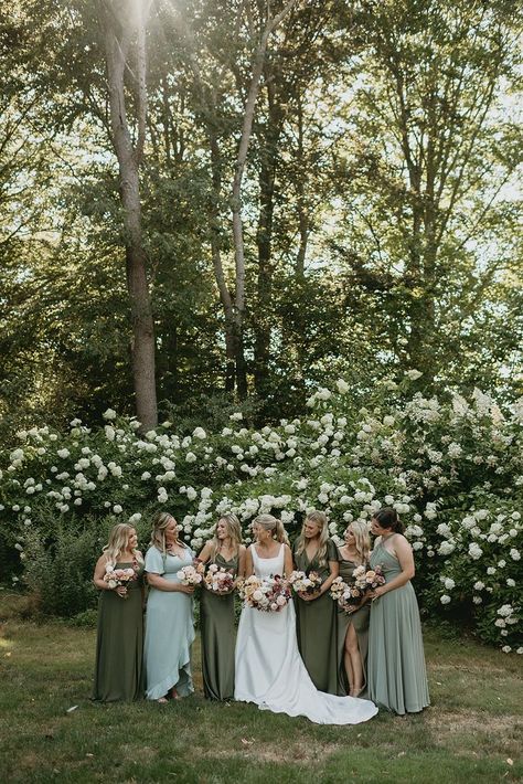 Different Shades Bridesmaid Dresses Green, Olive Summer Wedding, Garden Wedding Bridesmaid Dresses Green, Muted Green Bridesmaid Dresses, Muted Color Wedding, Green Floral Bridesmaid Dresses, Late Summer Wedding Colors, Wedding Color Schemes Summer, Newport Ri Wedding